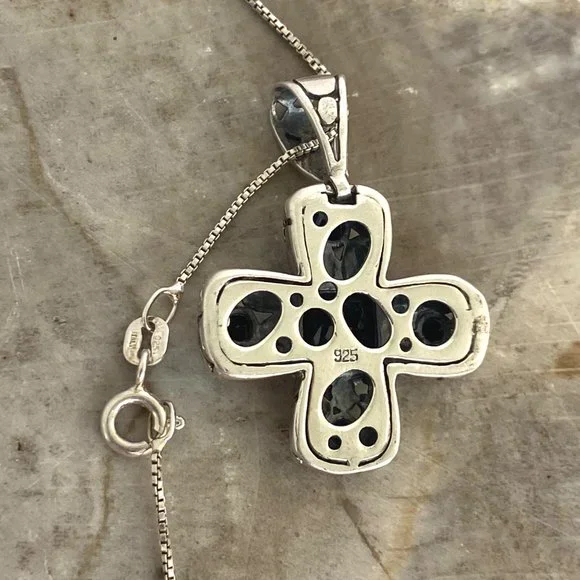 Sterling Silver 925 Black Tourmaline Glass Cross Pendant Necklace 18" Box Chain - Picture 9 of 16